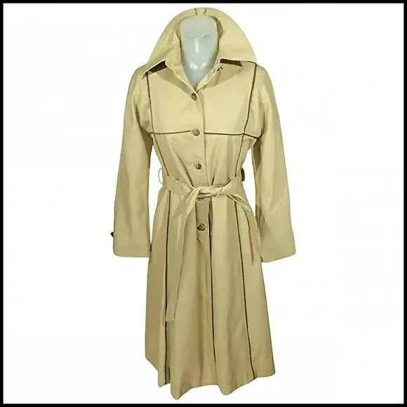 MOD Vintage Khaki Trench Coat Geometric Lines Raincoat VFG, Unique Styling - Picture 2 of 14